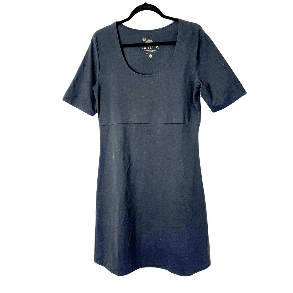 Sahalie | Black Stretch Cotton Blend Scoop Neck T-Shirt Dress, Large
